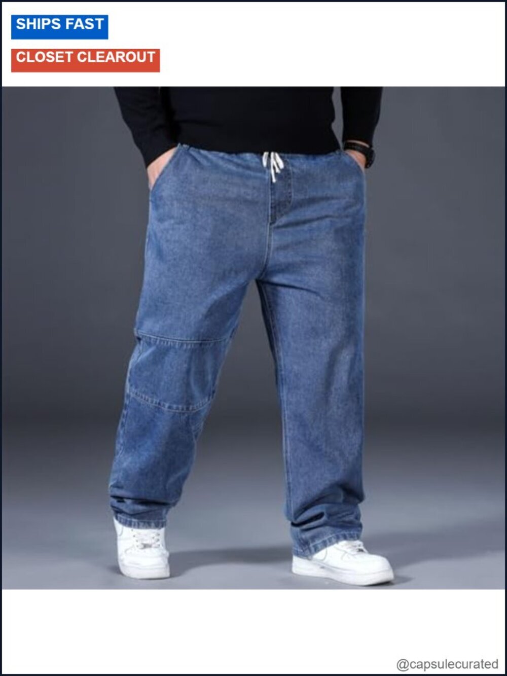 Men's Baggy Jeans Elastic Waisted Denim Joggers Plus Size Drawstring Pull On - Picture 4 of 6